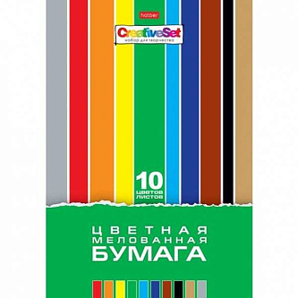 Бумага цветная А4 10л 10цв мел папка Креативная
