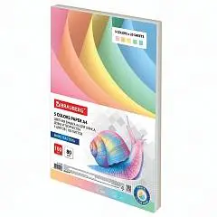 Бумага цветная BRAUBERG, А4, 80 г/м2, 100л, 5цв*20л, пастель, фото №1